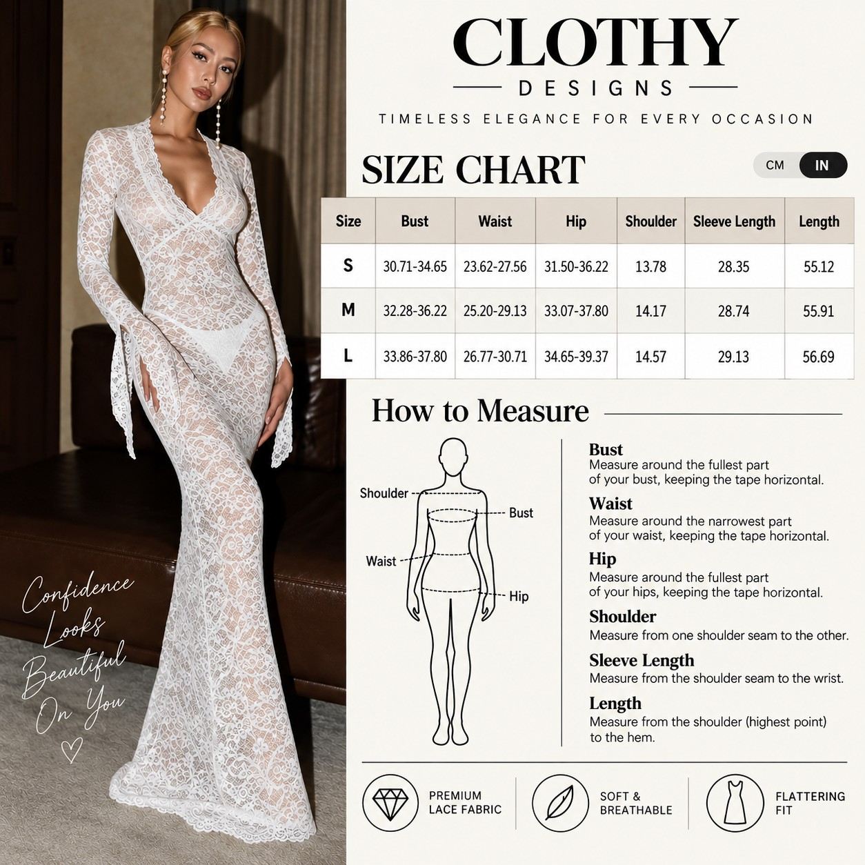 Women's Lace Hollow Out Maxi Dress – Sheer V-Neck Flare Sleeve Elegant Party & Club Dress